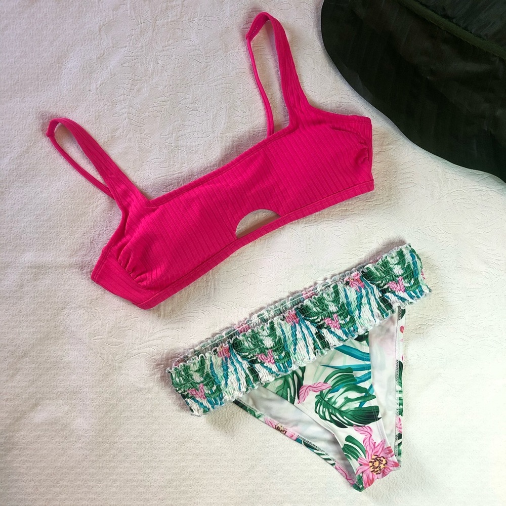 NEW! Hot Pink Tropical High Waisted Bikini Set